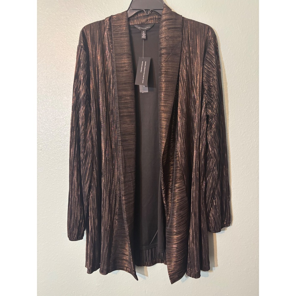 Investments Womens XL Bronze Metallic Micro Pleated Open Front Cardigan NWT